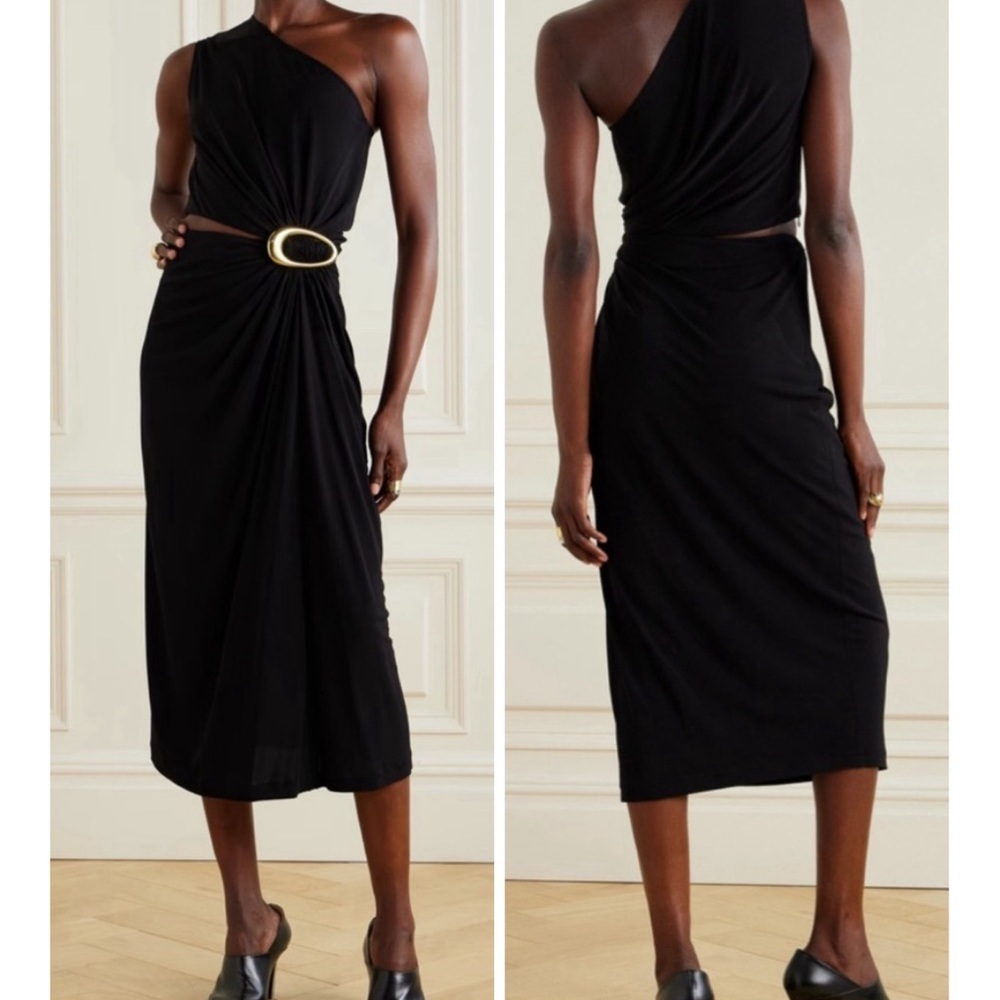Bottega Veneta Cut-Out Gathered Black Midi Dress with Gold Embellishment NEW - Picture 2 of 13